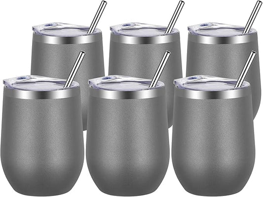 VEGOND Wine Tumblers Bulk 6 Pack, 12oz Stainless Steel Stemless Wine Glass with Lids and Straws, Double Wall Vacuum Insulated Tumbler Cup, Coffee Mug for Cold Hot Drinks