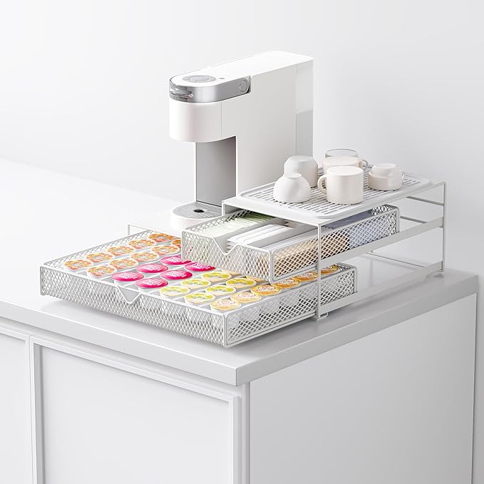 Coffee Maker Countertop Organizer,K Cup Pod Drawers,60 Coffee Capsule Pod Holder,Integrated Design Requires No Assembly.Slidng Storage Pod Baskets,Pod Stands,Silicone Drink Coasters