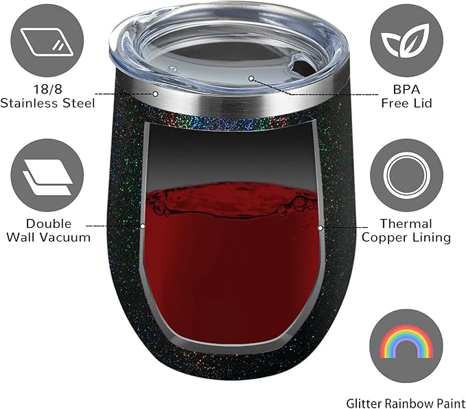 MEWAY 12oz/4 Pack Wine Tumbler Glasses with Lid - Stemless Double Wall Vacuum Stainless Steel Glitter Tumbler - Keeping Cold & Hot Cup for Coffee,Gift for Women(Rainbow Black,Set of 4)