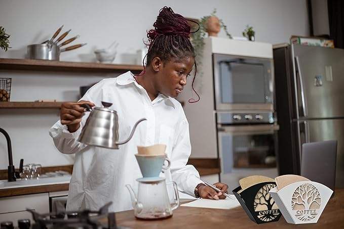 Stylish Coffee Filter Holder with Iron Fan Shape Evenly Spread out Filters, Coffee Filter Rack with Tree of Life Decor Upgrade Your Coffee Enjoyment, Perfect for Home or Office Use (Black)