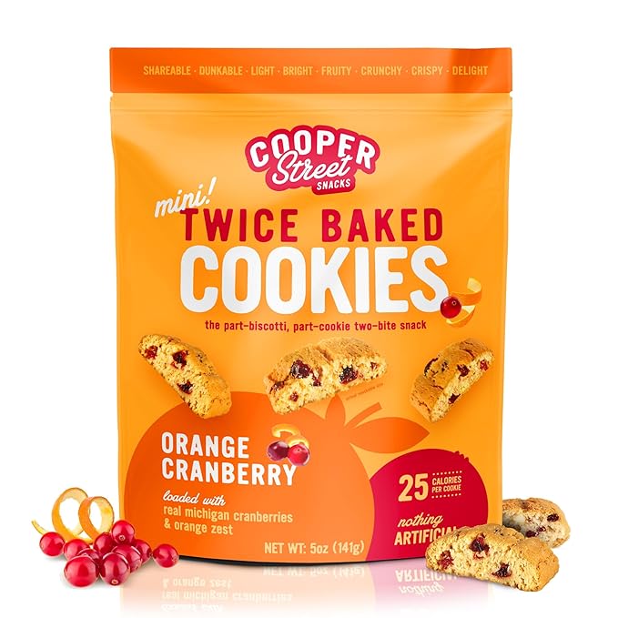 Cooper Street Twice Baked Orange Cranberry Biscotti Cookies - Light and Crispy Coffee Cookie Bites - Traditional Low Calorie Italian Snacks for Adults & Kids - Kosher, Dairy, Peanut & Soy Free - 5oz