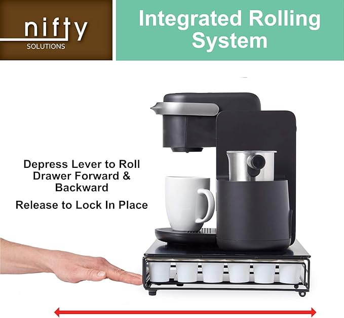 Nifty Solutions Capacity Nifty Rolling Mini Black Finish, Compatible with K-Cups, 24 Pod Pack Holder, Compact Under Coffee Pot Storage Drawer, Slim Home Kitchen Counter Organizer