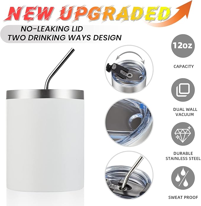 MEWAY 12 oz Lowball, Tumbler Stainless Steel Double Wall Vacuum Insulated Mug with Straw and Lid, Cleaning Brush ，Durable Powder Coated Insulated Coffee Cup for Cold & Hot Drinks (White, 1 Pack)