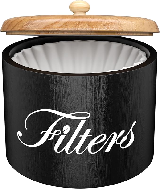 Wooden Coffee Filter Holder with Lid - Round Storage Container for Counter - Rustic Farmhouse Coffee Bar Accessories (Black)