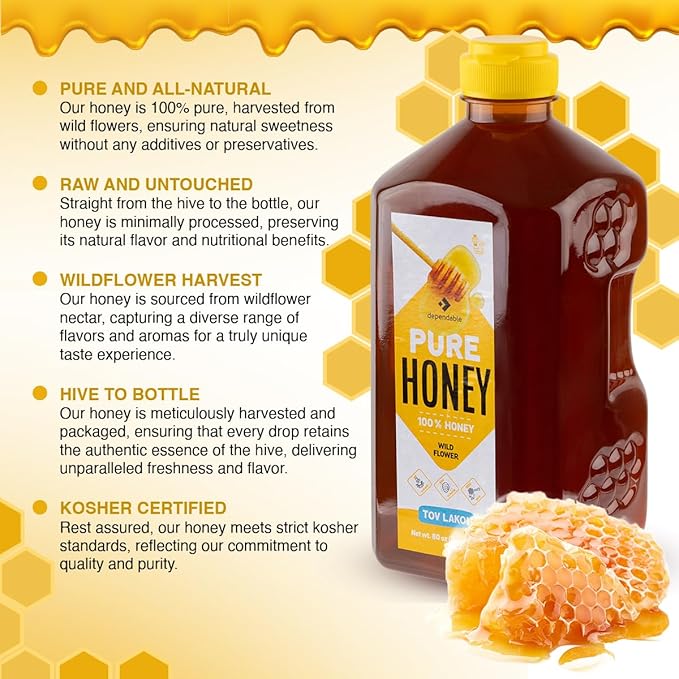 Dependable Food Raw Honey - 5 Lb. - Squeeze Bottle - 100% Pure, Raw, All Natural, Wildflower Honey - Hive to Bottle - 80 oz