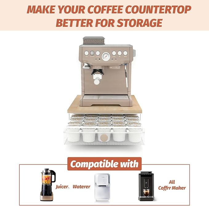 Coffee Pod Holder Counter Coffee Vertuo Capsules Storage Organizer with Sliding Drawer Compatible For 35 K-Cup Pods No Assembly Needed Natural Colour