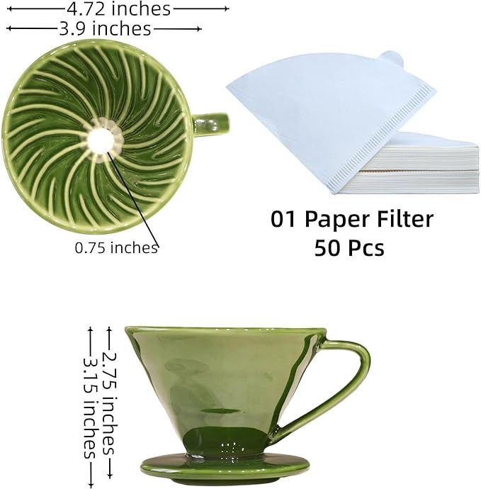 Ceramic Pour Over Coffee Dripper includes 50 Filters Porcelain Coffee Maker 01 Hand Drew Brewing Pottery Green Portable Artisanal Manual Gift for 1-2 People Home, Office, School, Camping