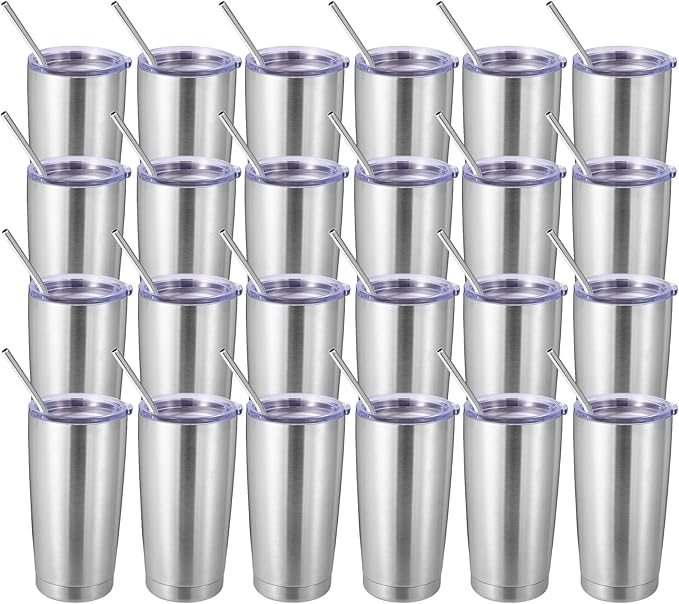 Volhoply 20oz Stainless Steel Tumbler with Lid and Straw Bulk 24 Pack,Double Wall Insulated Travel Iced Coffee Mug Fits Cup Holder,Powder Coated Cups for Hot/Cold Drinks,Christmas Gifts（Silver,24 Set）