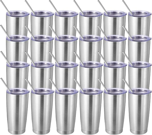 Volhoply 20oz Stainless Steel Tumbler with Lid and Straw Bulk 24 Pack,Double Wall Insulated Travel Iced Coffee Mug Fits Cup Holder,Powder Coated Cups for Hot/Cold Drinks,Christmas Gifts（Silver,24 Set）