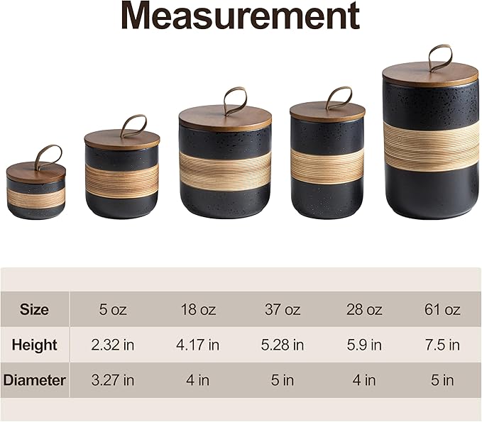 Ceramic Jar with Lid, Coffee Container Kitchen Food Storage Jars for Spice Sugar Tea Bag, Stackable Decorative Jars for Countertop, Black & 18 fl.oz