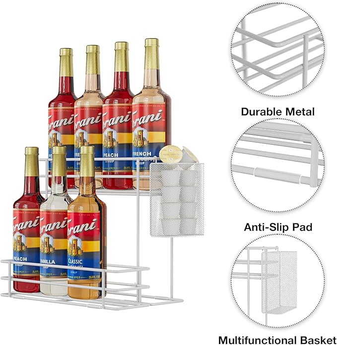 OVICAR Coffee Syrup Organizer Rack - 8 Bottle Holder Stand for Coffee Bar & Station Accessories, 2 Tiers Countertop Storage for Syrup & Wine Dressing, White