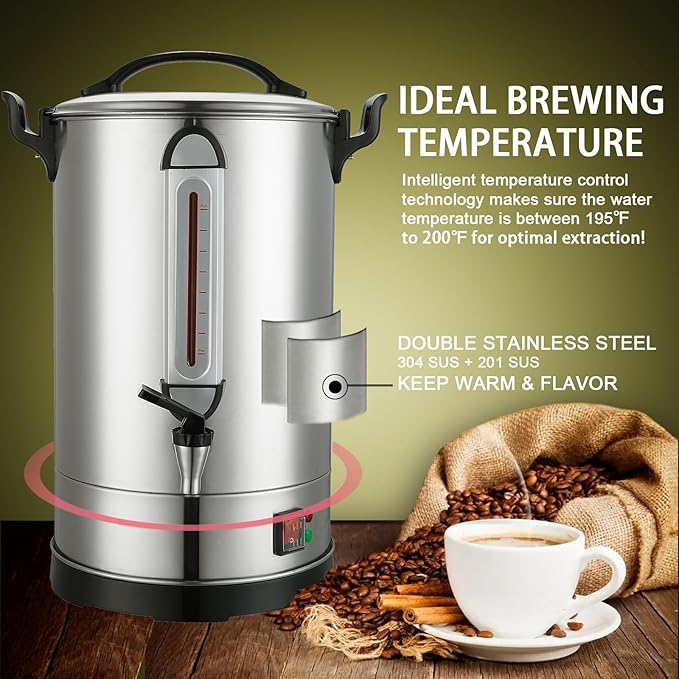 Commercial Coffee Urn Large Coffee Maker 100 Cup Coffee Maker Industrial Coffee Dispenser 1300W Quick Brew Dual Wall Stainless Steel Hot Water Urn Tea Maker Machine for Wedding, Catering, Events