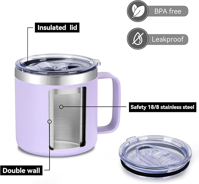 VEGOND 14 oz Insulated Coffee Mug Bulk with Handle, Stainless Steel Travel Coffee Mug with Lid, Double Wall Vacuum Metal Coffee Cup, Coffee Tumbler Powder Coated, Purple 8 Pack
