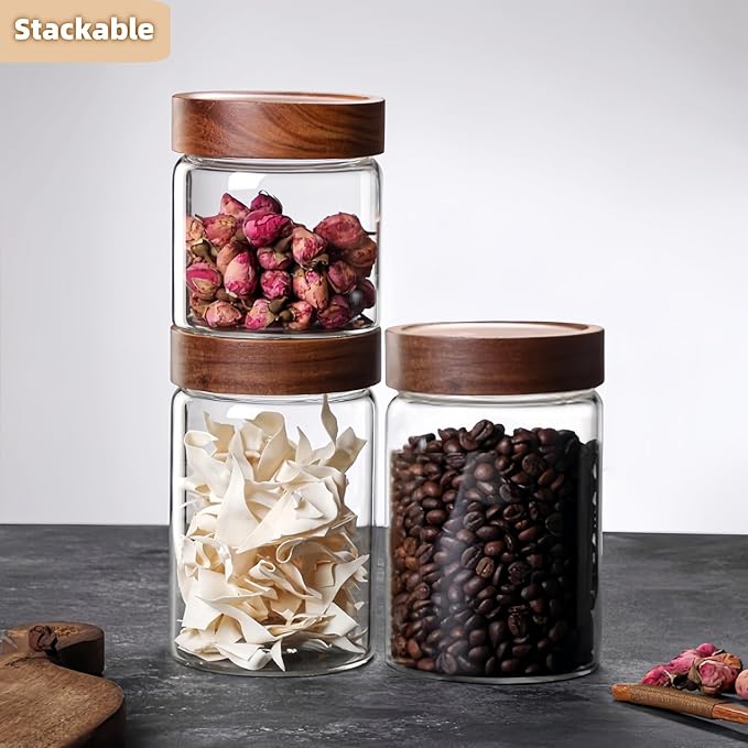 17 Fl oz/500 ml Glass Food Storage Jar, Premium Clear Glass Container Jar with Airtight Wooden Screw Lid, Kitchen Canisters for Coffee,Tea,Pasta,Cookies, Nuts,Spice,Candy,Overnight Oatmeal（Small)