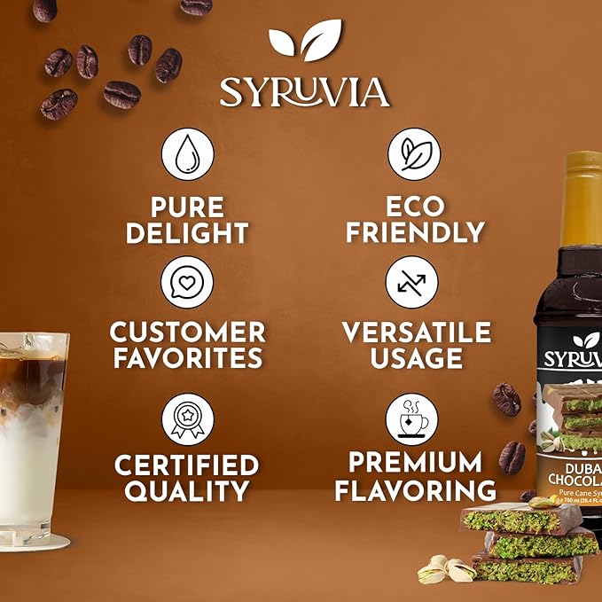 Syruvia Dubai Chocolate Coffee Syrup - 25.4 fl oz - Kosher Syrups, Gluten Free, No Coloring, Perfect for Drinks, Soda, Shakes, Desserts, and More With Pump