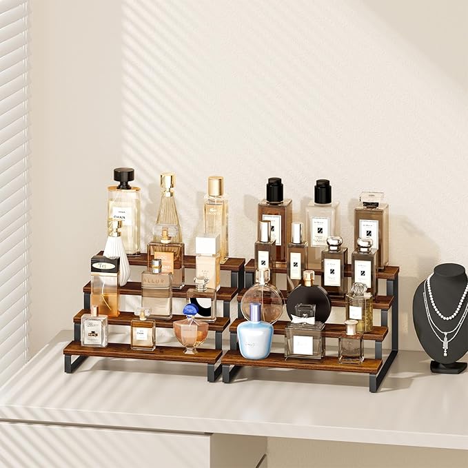 Giikin 4 Tier Spice Rack, Set of 2 Wooden Spice Rack for Countertop, Kitchen Counter Storage Shelves Cupcake Stand Holder Display Stand, Rustic Brown