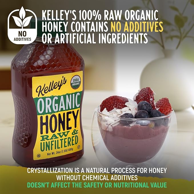 Kelley's 100% Organic Raw & Unfiltered Honey, USDA Certified, 24 Oz – All Natural, Flavor-Rich Honey for Fruits, Yogurt, Smoothies, Acai Bowls, Tea – Natural Sugar Substitute