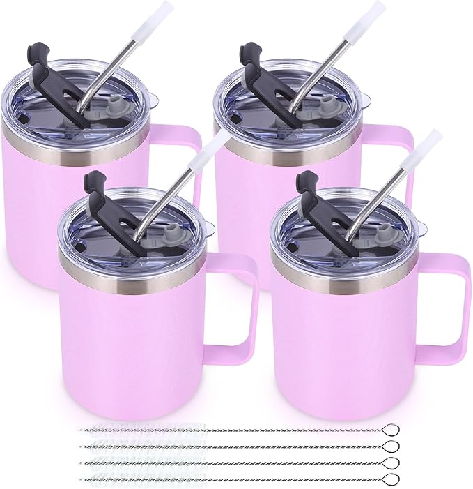 Volhoply 12oz Insulated Leakproof Coffee Mug with Flip & Straw Lid Bulk 4 Pack,Double Wall Vacuum Stainless Steel Travel Tumbler Cup with Handle,Camping Mugs Keep Cold/Hot(Purple,4 Set)
