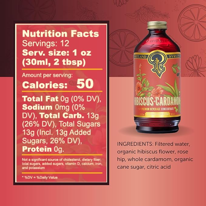 Portland Syrups Hibiscus Cardamom Syrup - Craft Exquisite Cocktails, Mocktails, Tea, Soda, Coffee Drinks, and More - 12 oz with 12 Servings (Pack of 1)