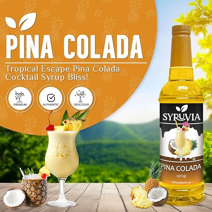 Syruvia Pina Colada Syrup, Flavored Syrup for Cocktails, Drinks, Lemonades, Iced Teas, and Desserts – 25.4 fl oz, With Pump