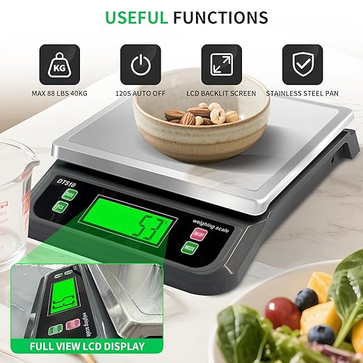 Large Food Scales for Kitchen 88lbs/40kg Digital Food Scale with Tare and PCS Funtion Stainless Stee Tray Baking Scale for Cooking with Adapter, 6 Unit (Grey, 40kg)
