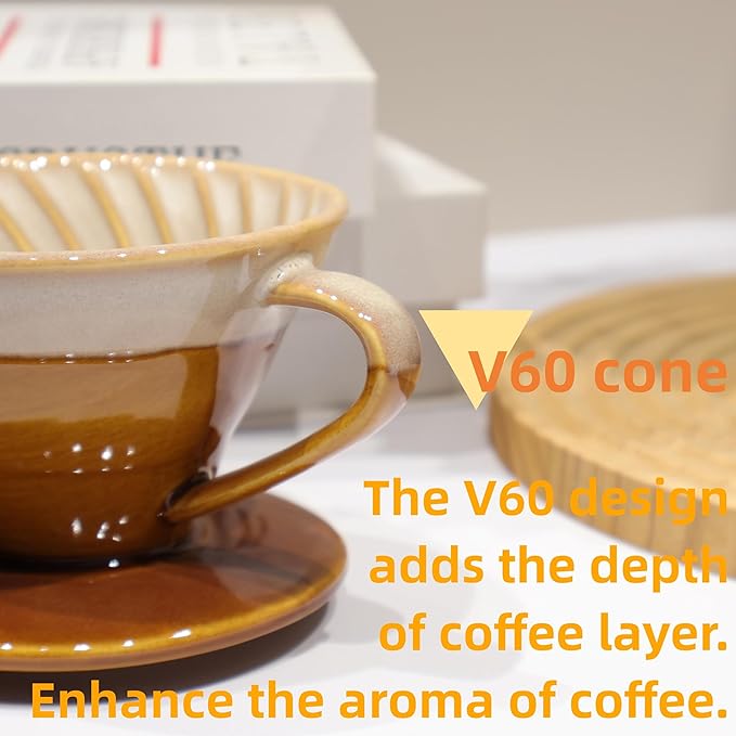 Handmade Ceramic Pour Over Coffee Dripper with 50 Pcs V60 Coffee Filters - Portable Drip Coffee Brewer for Travel, Camping, Office or Home - Artisanal Pottery Gift for Enthusiasts