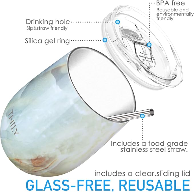 THILY Stainless Steel Stemless Wine Tumbler 4 Pack Vacuum Insulated Travel Wine Glasses with Sliding Lids and Straws, 12 oz, Keep Cold for Juice, Coffee, Beer, 4 Different Marbles Set