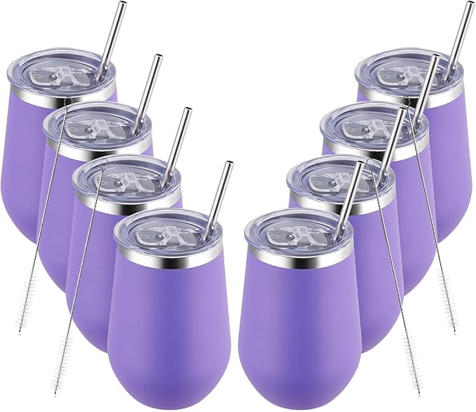 MEWAY 12oz Stainless Steel Wine Tumbler with Lid - Double Wall Vacuum Insulated Swig cups for Hot and Cold Drinks, Ideal for Coffee, Wine, Beer, gifts for Women under 10 dollars(Purple,Set of 8)