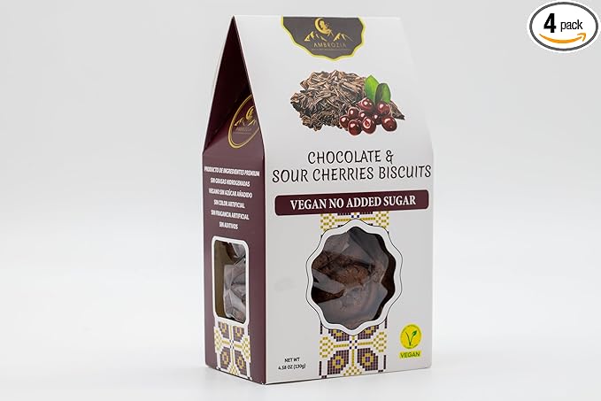 Ambrozia Vegan Snack Biscuits – Chocolate & Sour Cherry - Soft Baked, No Added Sugar, Clean Label, High Fiber & Wholesome Ingredients, Kid-Friendly, Healthy Snacks for Active Lifestyles, 4 x 4.58 Oz