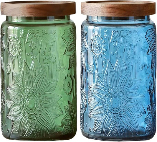 ANSQU Vintage Glass Storage Jar with Lid - 34 oz Mason Jar for Kitchen & Bathroom - Containers for Coffee, Tea, Cookies, Candy, Nuts, Pet Food, Bath Salts - Decorative Pantry Organizer (Blue & Green)