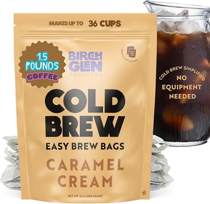 Birch Glen Roasters Cold Brew Coffee Bags - 12 Pack of Coarse Ground Coffee Filter Pitcher Packs for Easy Brewing - 100% Arabica - Yields 6 Pitchers - Caramel Cream Flavor