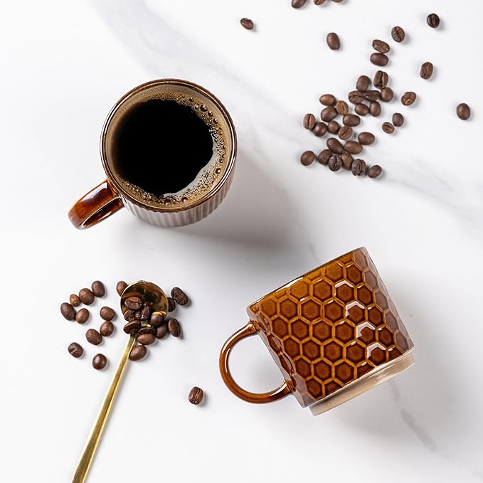 GBHOME 6 OZ Stackable Coffee Mugs, Ceramic Coffee Mugs with Texture Patterns for Man,Woman,Dad,Mom, Modern Coffee Cups Set of 4 for Espresso/Cappuccino. Dishwasher&Microwave Safe,