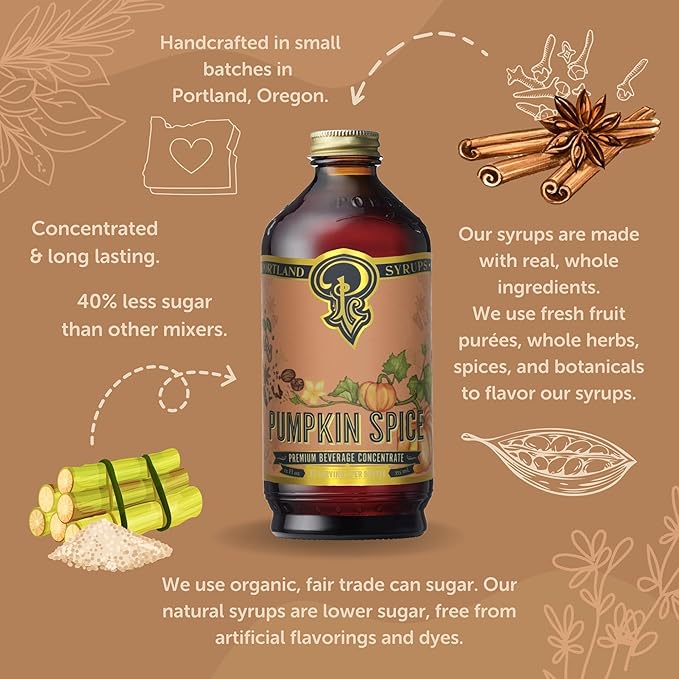 Portland Syrups Pumpkin Spice - Drink Mix for Exceptional Cocktails, Sugar Syrup for Drinks, Simple Syrup for Coffee, Mocktails, Baking, 12 oz, Pack of 2