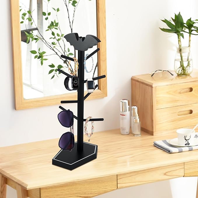 Bat Mug Holder Tree - 8 Hooks Coffee Mug Rack - Gothic Home Decor Wood Coffee Mug Tree for Countertop - Coffee Cup Holder for Halloween Kitchen Organizer & Coffee Bar Accessories (Coffin)