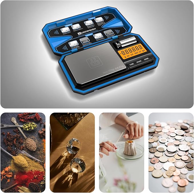 Digital Pocket Scale 200g/0.01g, Digital Gram Scale, Mini Jewelry Scales Digital Weight Grams with 50g Cal Weights for Food,Jewelry,Coins,Small Items,Coffee (Battery Included)-Blue