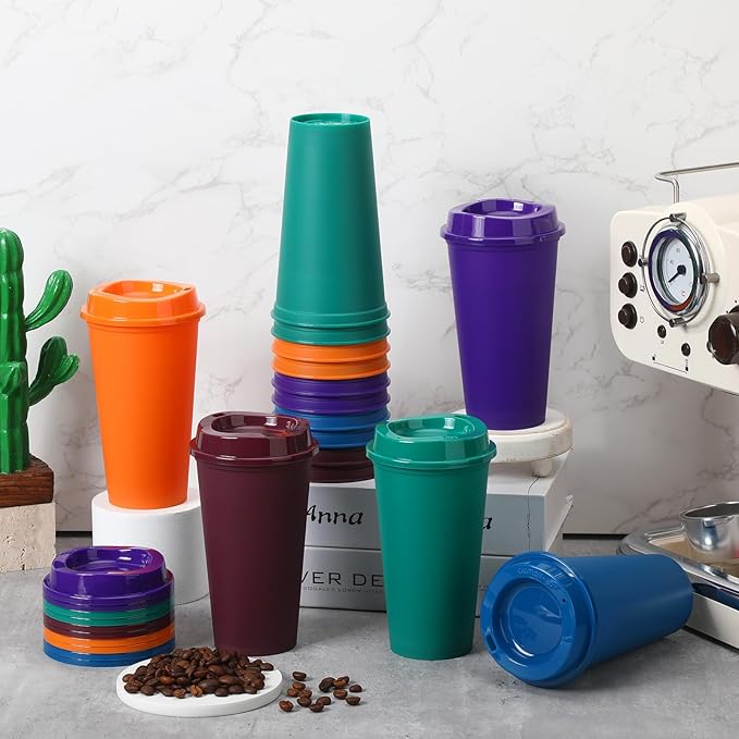 Domensi 30 Pack Reusable Coffee Cups with Lids 16 oz Disposable Travel Cups Bulk Plastic to Go Coffee Tumblers for DIY Hot Cold Drink Party Favors Coworker, Microwaveable (Colorful)