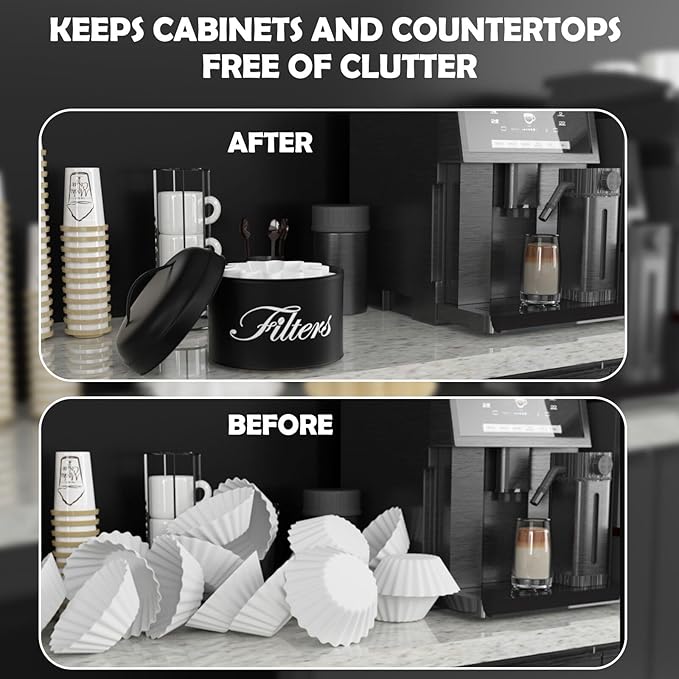 Black Basket Coffee Filter Holder With Lid - Round Container for Counter Storage - Rustic Farmhouse Bar Accessories Decor