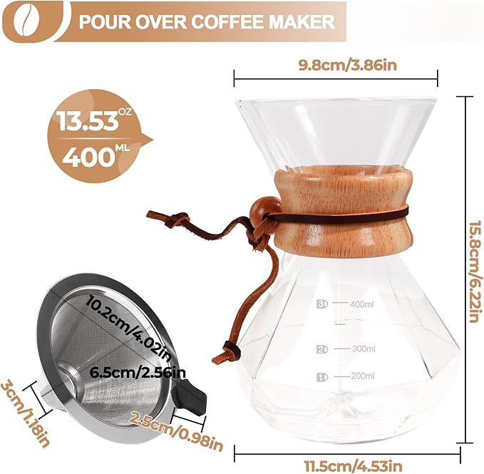 Pour Over Coffee Maker 400ml with 304 Stainless Steel Filter and Wooden Collar Holder Borosilicate Glass Drip Coffeemaker Server Set Clear Hand Brew Dripper Carafe for Home Camping Travel 13.5oz