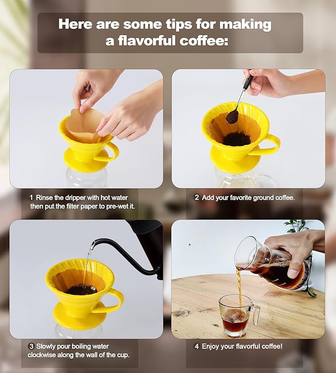 Pour Over Coffee Dripper - Ceramic Pour Over Coffee Maker Cone, Porcelain Coffee Drip, Pour Over Single Cup, Manual Brew Maker for Home, Cafe, Office - 1-4Cup, V60 Size 02 (Yellow)