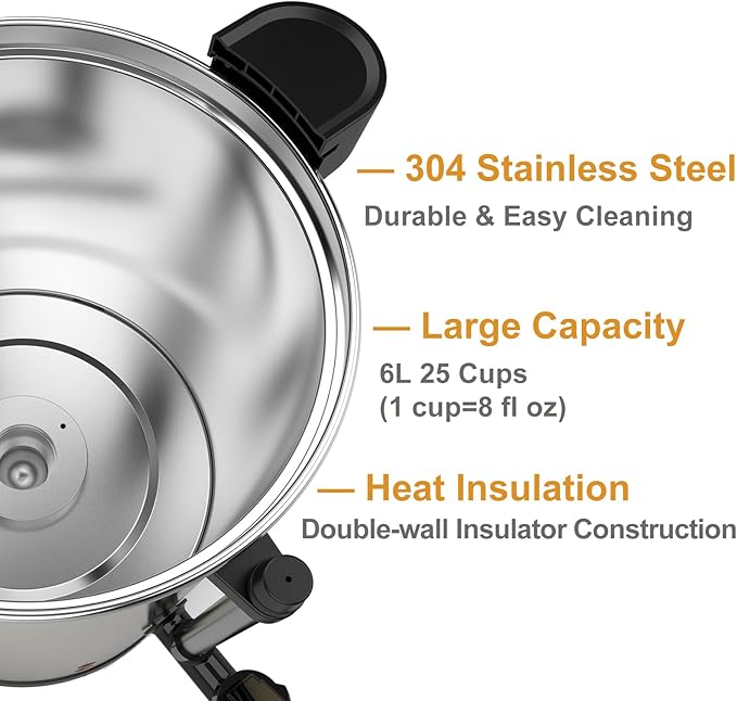 6L/25cup Coffee Urn, Fast Brewing, Double Wall, Beverage Dispenser, Commercial 304 Stainless Steel Hot Water Urn, Electric Percolator, Large Coffee Maker for Catering, Home, Wedding, Gold