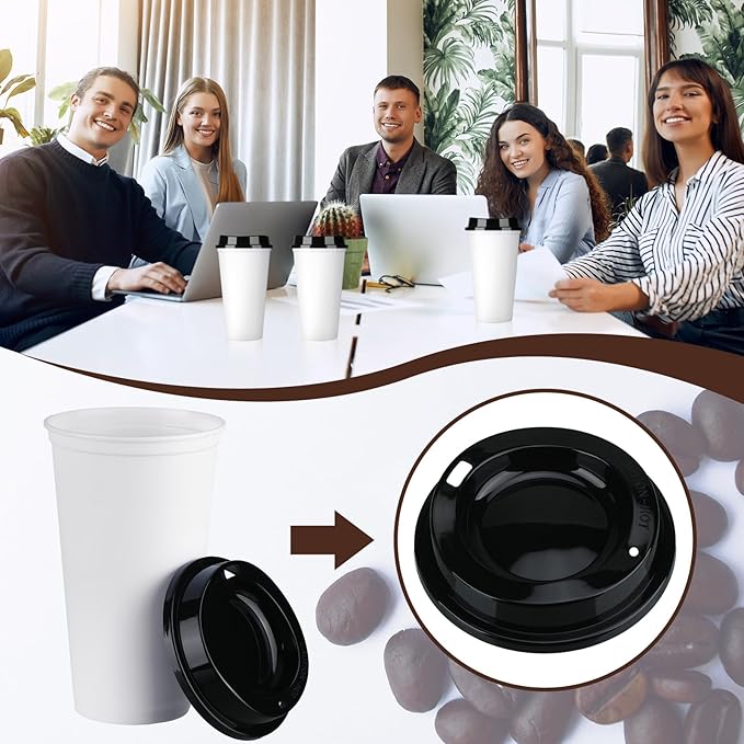 Domensi 15 Pack Reusable Coffee Cups with Lids 16 oz Disposable Travel Cups Bulk Plastic to Go Coffee Tumblers for DIY Hot Cold Drink Party Favors Coworker, Microwaveable (White with Black Lid)