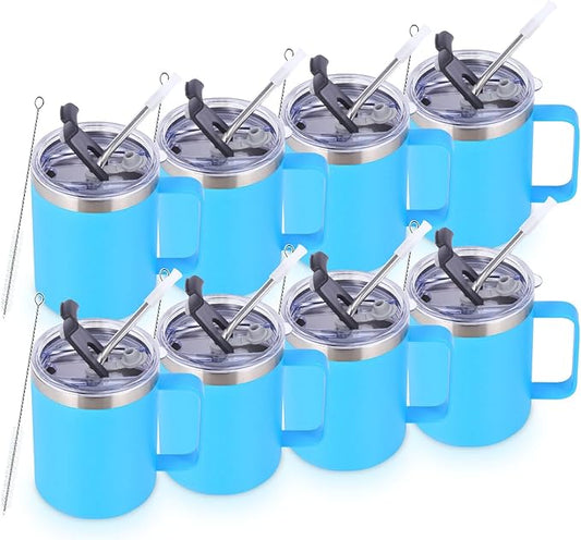 Volhoply 12oz Insulated Leakproof Coffee Mug with Flip & Straw Lid Bulk 8 Pack,Double Wall Vacuum Stainless Steel Travel Tumbler Cup with Handle,Reusable Camping Keep Cold/Hot(Blue,8 Set)