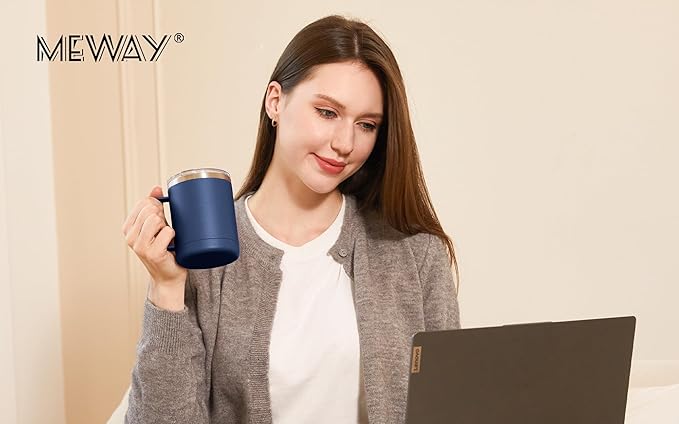 MEWAY 12oz Coffee Mug With Handle and Sliding Lid,Stainless Steel Travel Tumbler Cup with Handle,Double Wall Vacuum Insulated Camping Cup for Hot & Cold Drinks Tea (Navy,Set of 1
