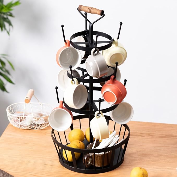 Coffee Cup Tree, Black Metal Coffee Tree Mug Holder, 4 Tiers Cup Trees Stand for 12 Mug Hooks with Storage Basket & Wooden Handle, Mug Rack Countertop for Counter Bar Kitchen