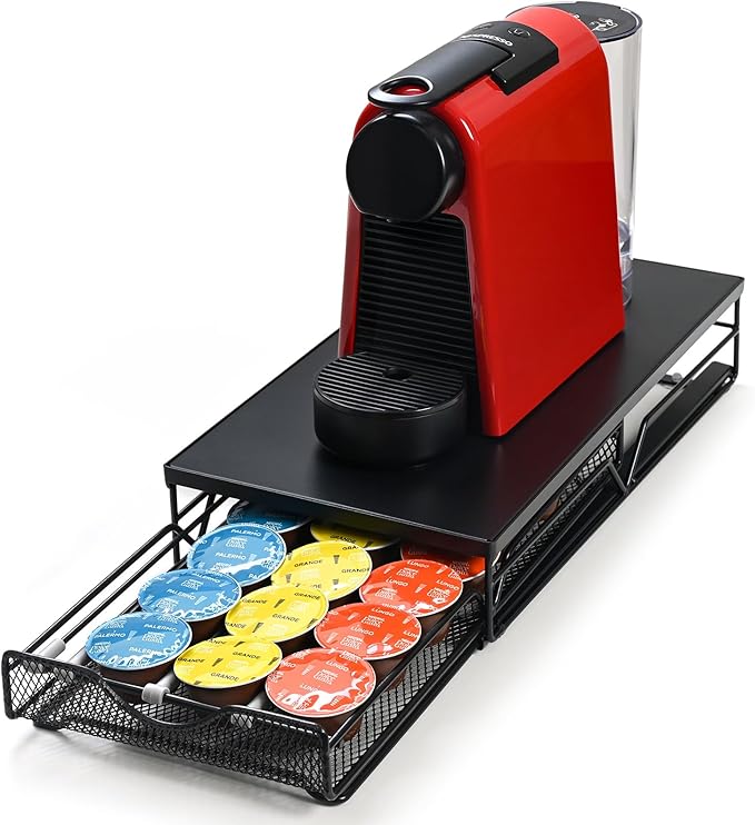 Coffee Pod Holder is Pull-Out and has an Adjustable Lever, K Cup Holder, Coffee Pod Organizer, Making It Easy to Store, Made of Black Metal