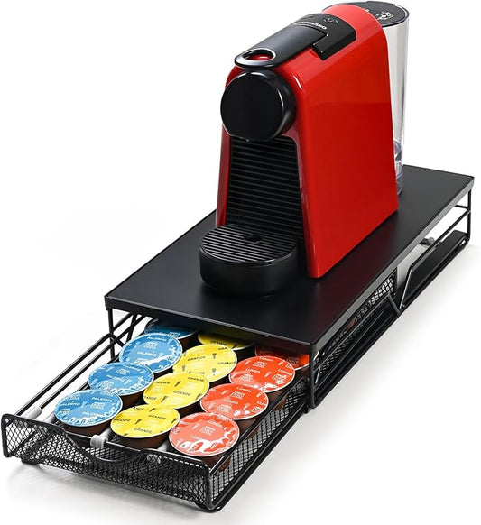 Coffee Pod Holder is Pull-Out and has an Adjustable Lever, K Cup Holder, Coffee Pod Organizer, Making It Easy to Store, Made of Black Metal