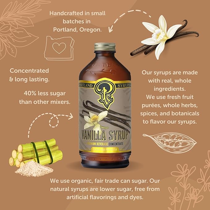 Portland Syrups Vanilla Syrup – Flavoring for Coffee, Lattes, Cold Brew, Macchiatos, Cocktails, & Desserts – Ideal for Drinks & Adding a Vanilla Touch to Any Beverage – 12 oz, 24 servings (Pack of 1)