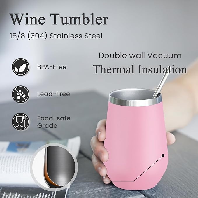 MEWAY 12oz Insulated Wine Tumbler with Lid and Straw - Double Wall Vacuum Stainless Steel Wine glass, Ideal for Travel and Office, Baby shower prizes for winners(Pink,Set of 4)