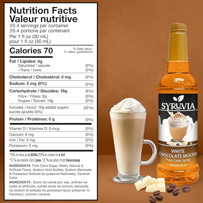 Syruvia Coffee Syrup, White Chocolate Mocha Flavored Syrup for Drinks, Lattes, and Desserts – 25.4 fl oz,