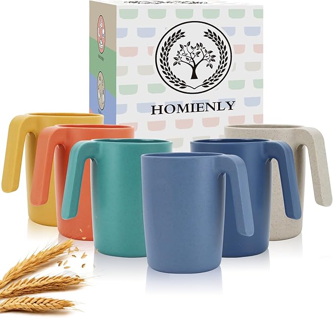 Homienly Wheat Straw Coffee Mugs, Alternative to Plastic Coffee Cups, Set of 6, Unbreakable Camping Coffee Mugs, 16 OZ Cups for Tea, Coffee, Milk, Dishwasher and Microwave Safe Kids Mug, Multi